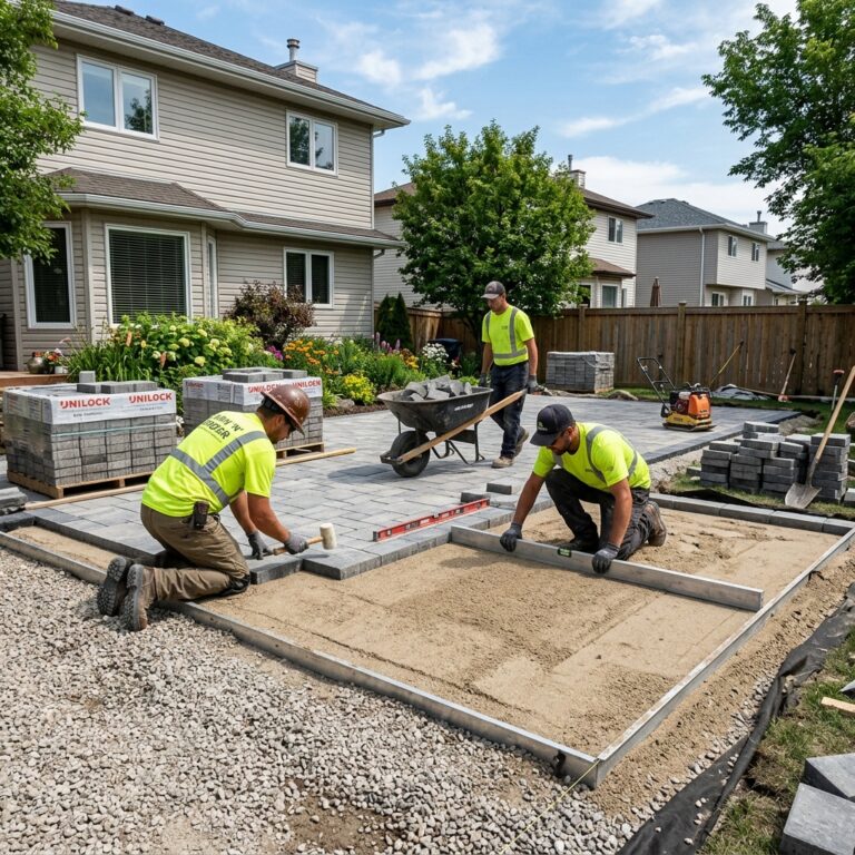 Landscaping company Winnipeg professional crew installing paver patio with compacted granular base