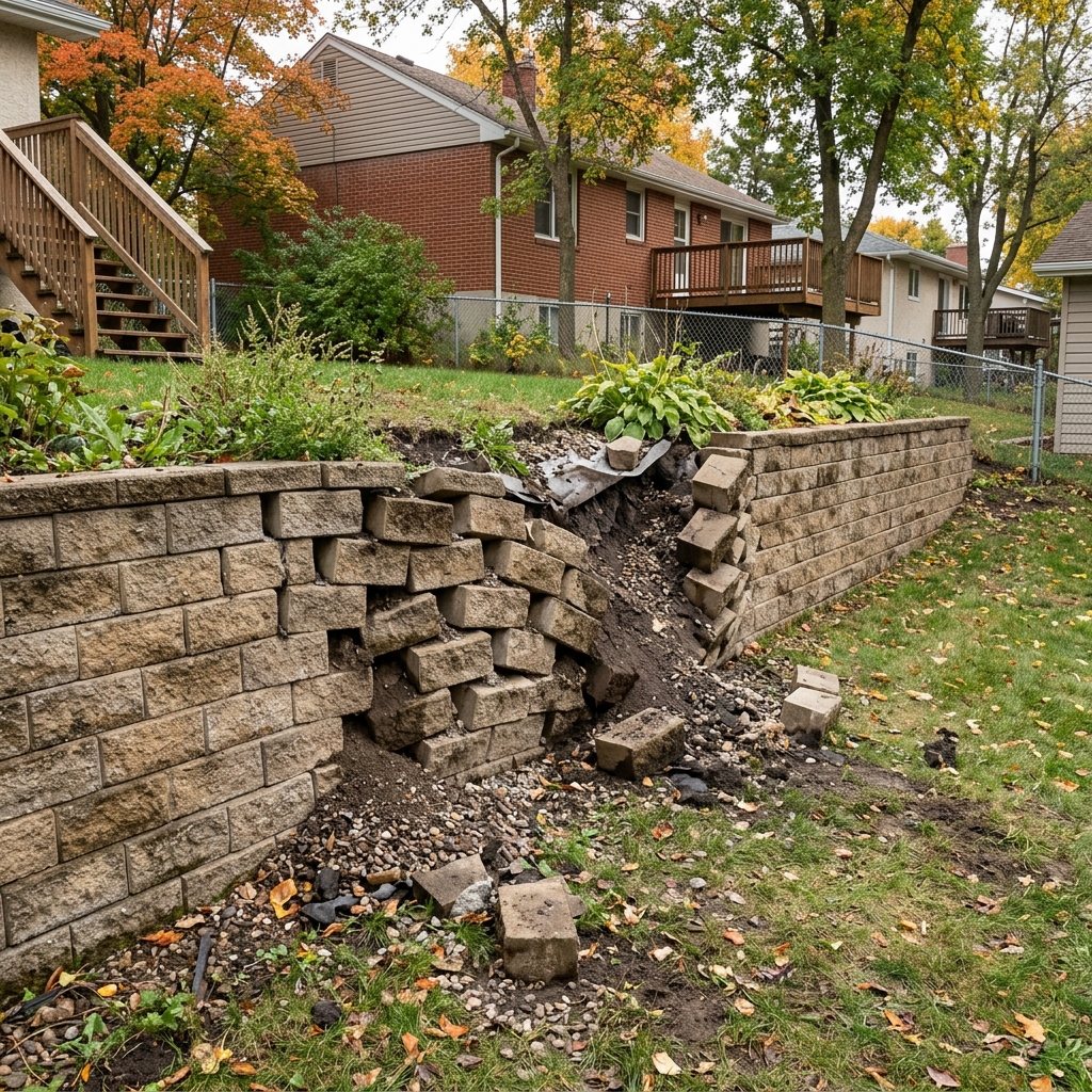 Failed retaining wall in Winnipeg showing forward bulge from inadequate drainage and insufficient base preparation