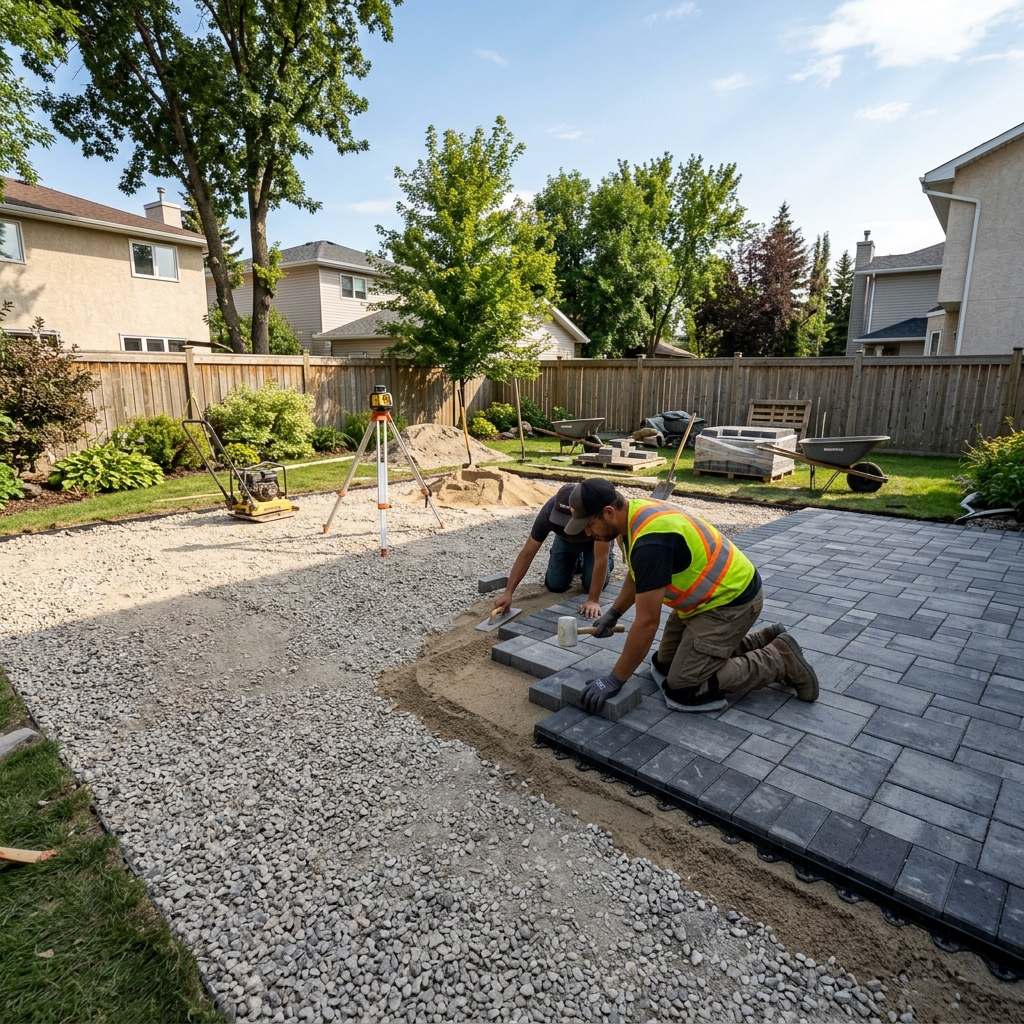 Lawn N Order crew installing interlocking paver patio in Winnipeg backyard with visible compacted granular base layer