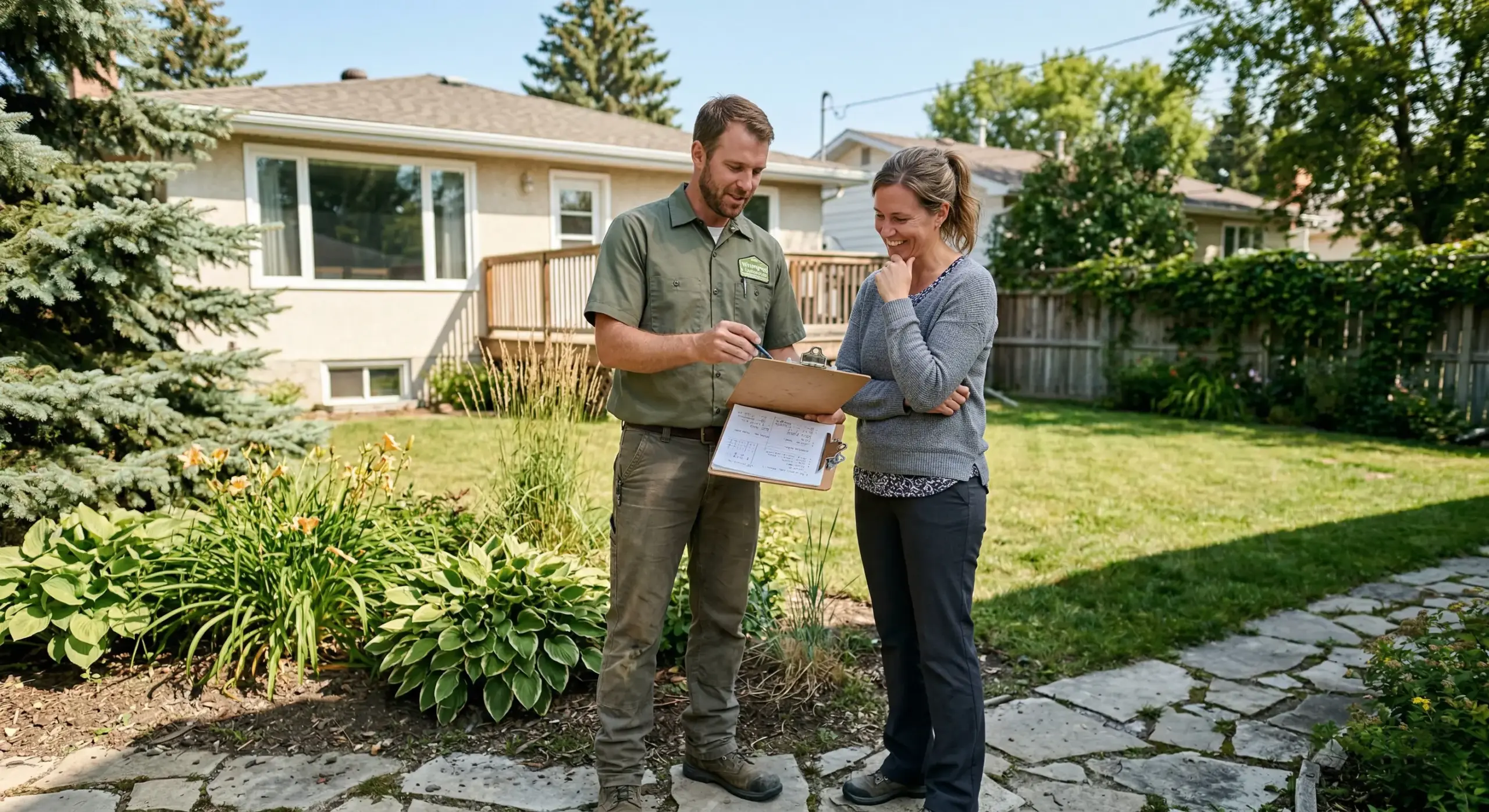 Lawn N Order contractor and Winnipeg homeowner having a focused productive site consultation after using the cost calculator