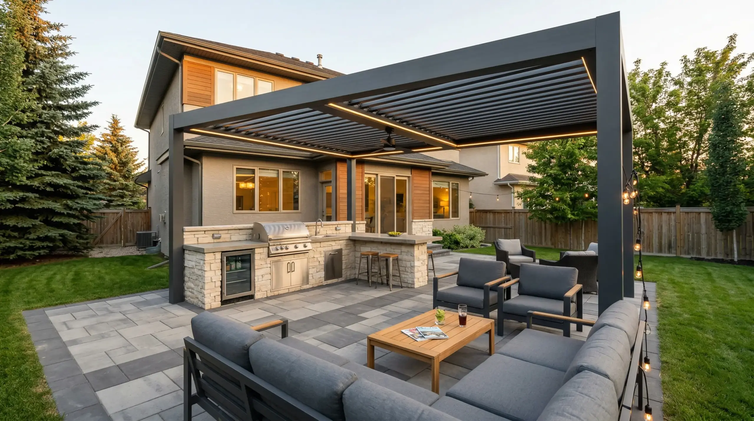 Completed aluminum pergola with outdoor kitchen and patio in Winnipeg backyard showing full outdoor living integration