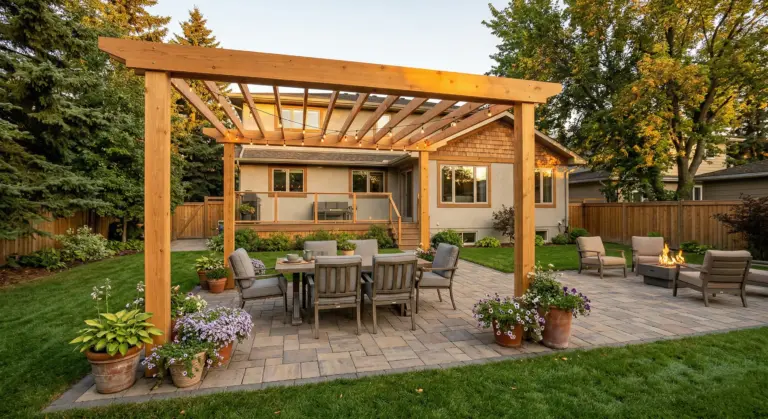Pergola Winnipeg custom cedar structure over interlocking patio with string lights and outdoor dining