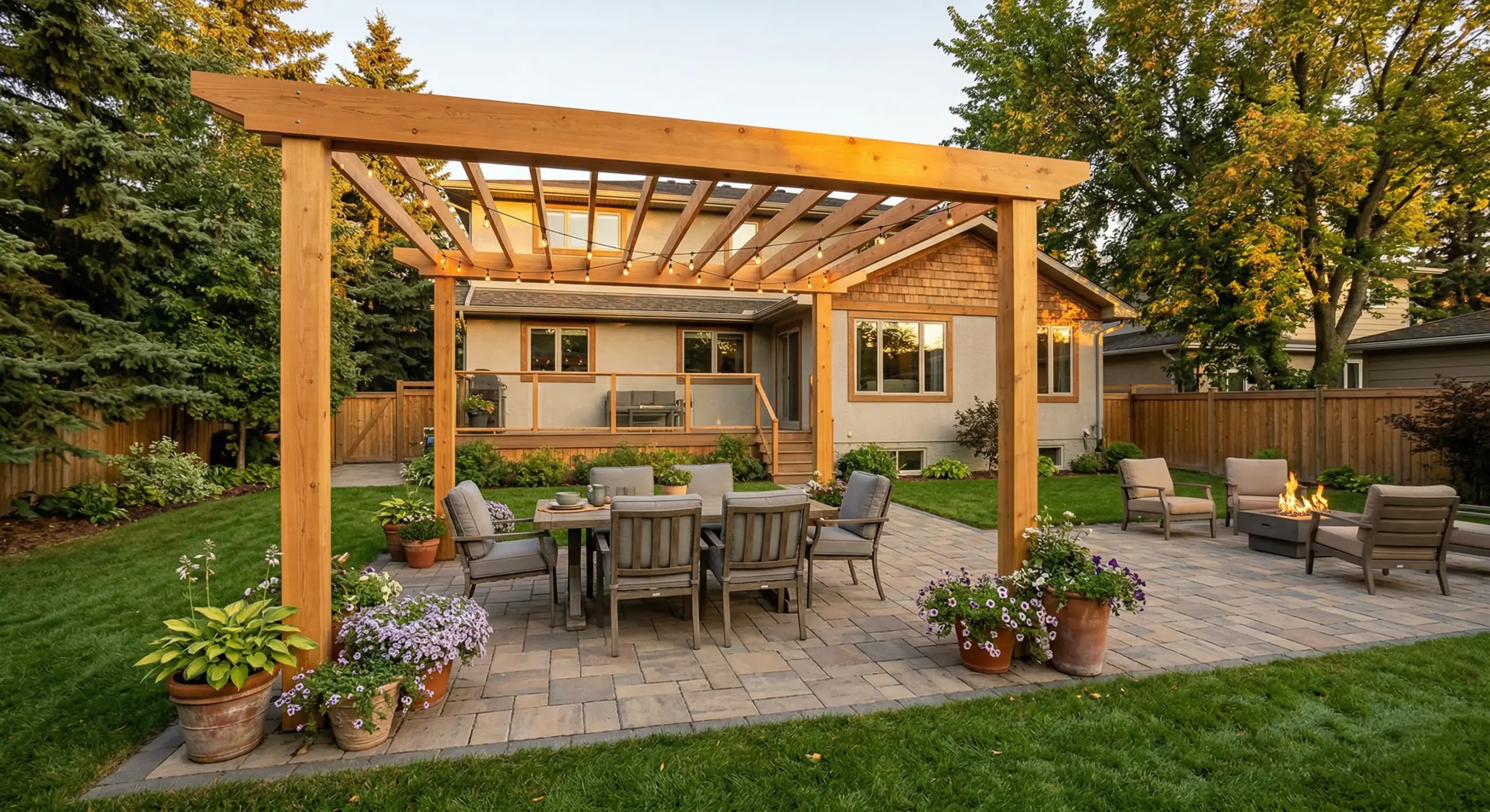 Pergola Winnipeg custom cedar structure over interlocking patio with string lights and outdoor dining