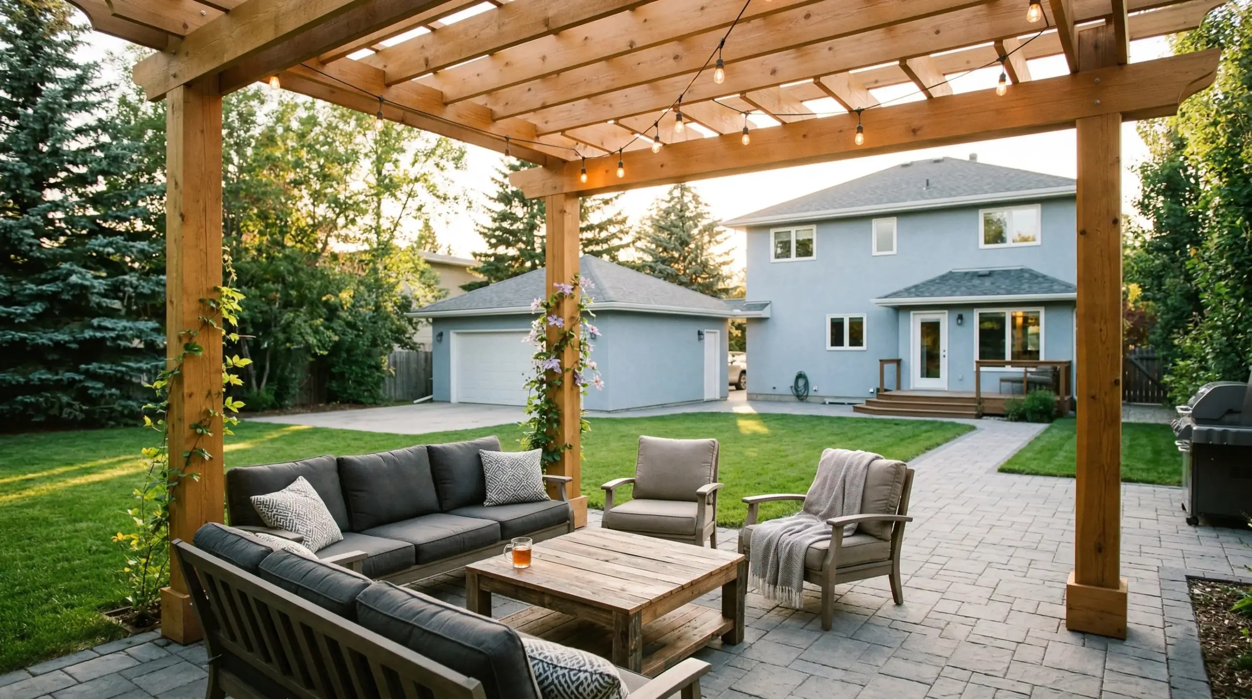 Cedar pergola installed over an interlocking paver patio in Winnipeg backyard with string lights and outdoor seating