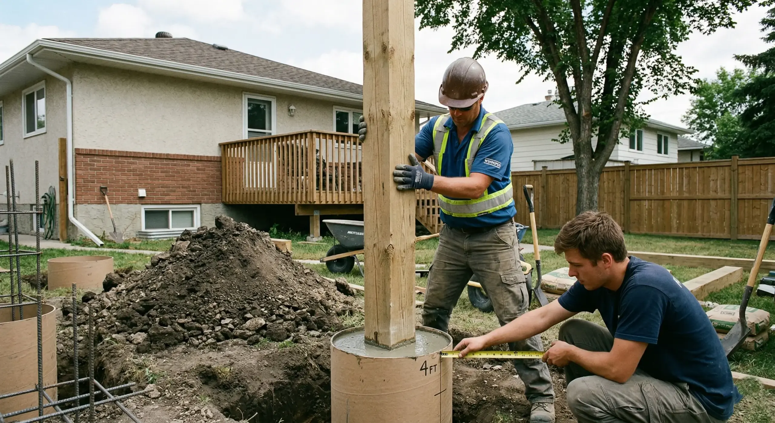 Pergola post footing installation in Winnipeg showing 4 foot deep concrete footing required for frost depth