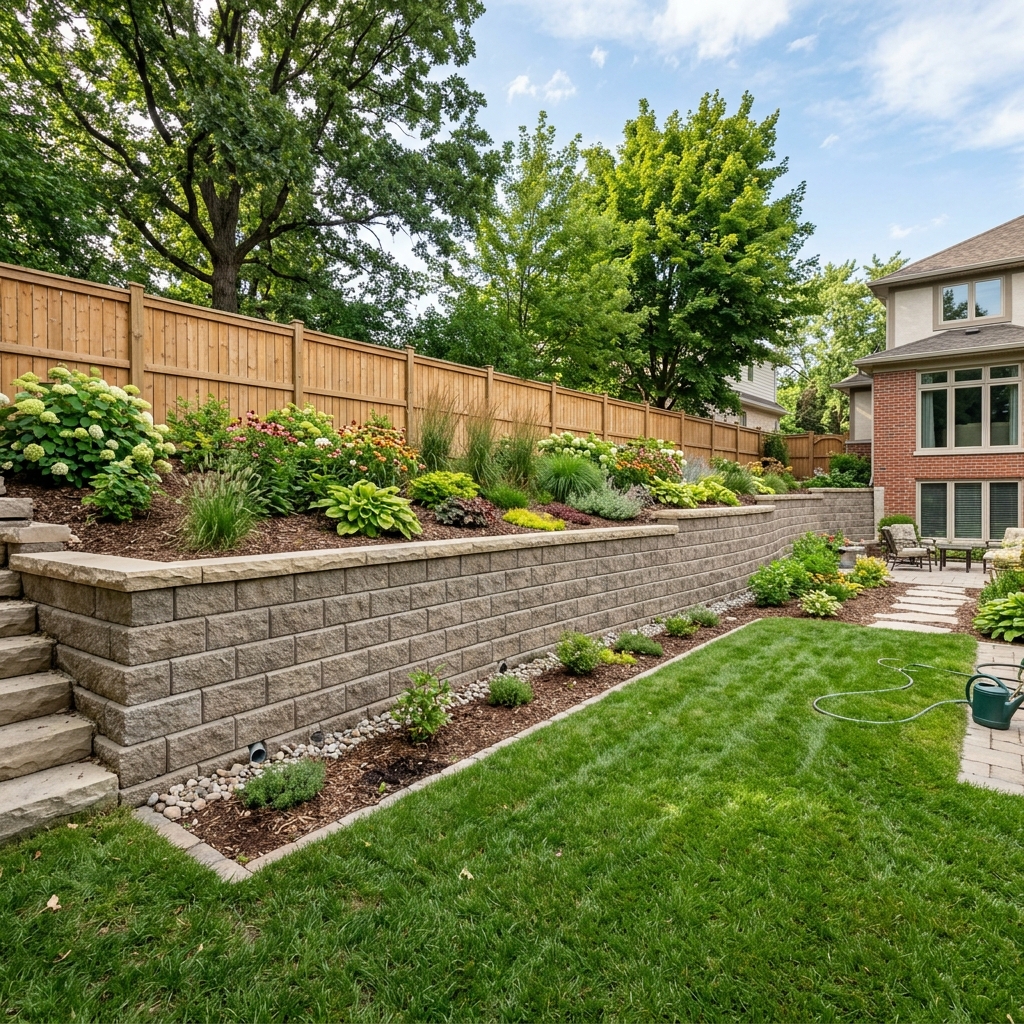Retaining wall cost Winnipeg completed concrete block installation with proper drainage and batter angle