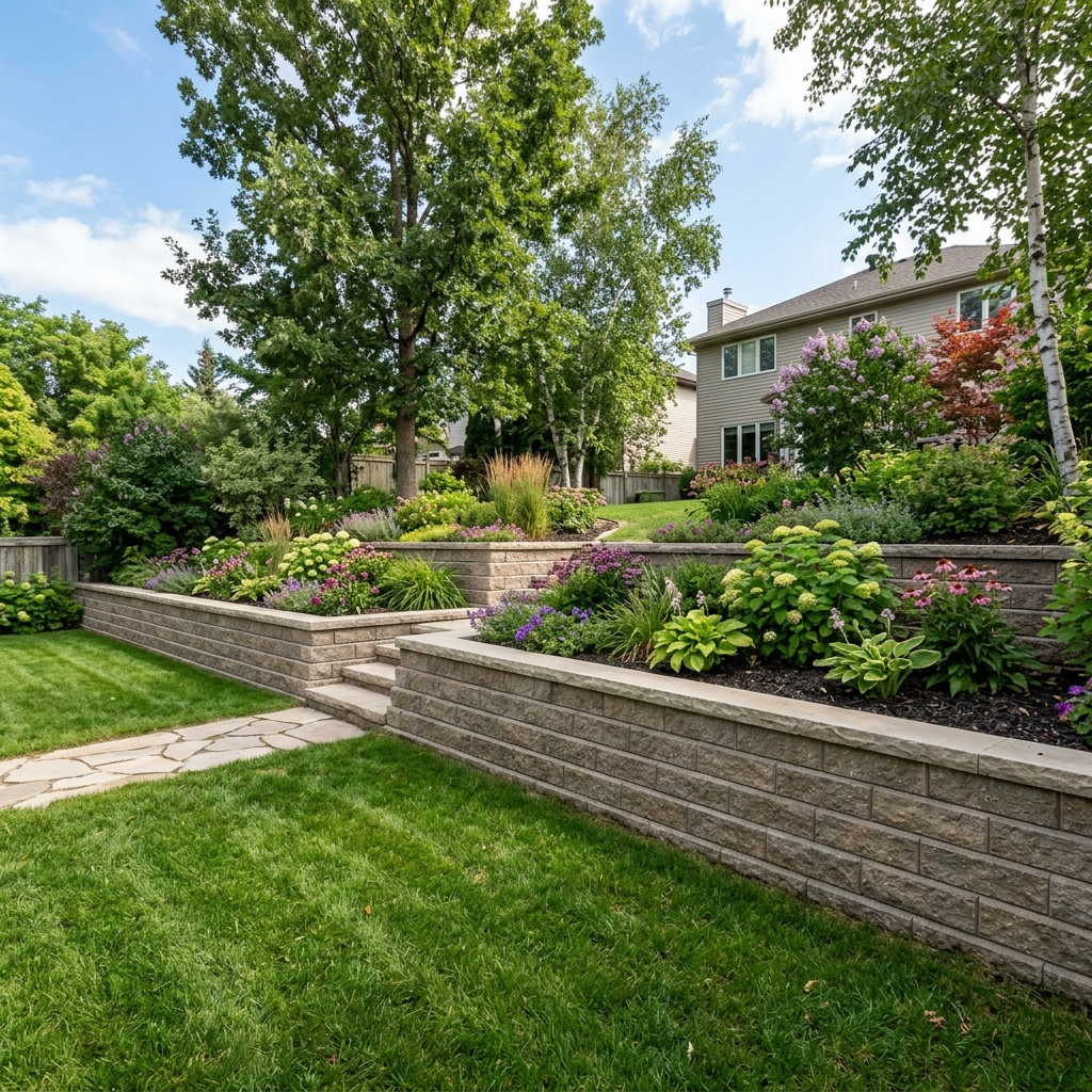 Completed Allan Block retaining wall with tiered design and landscaping in Winnipeg residential backyard