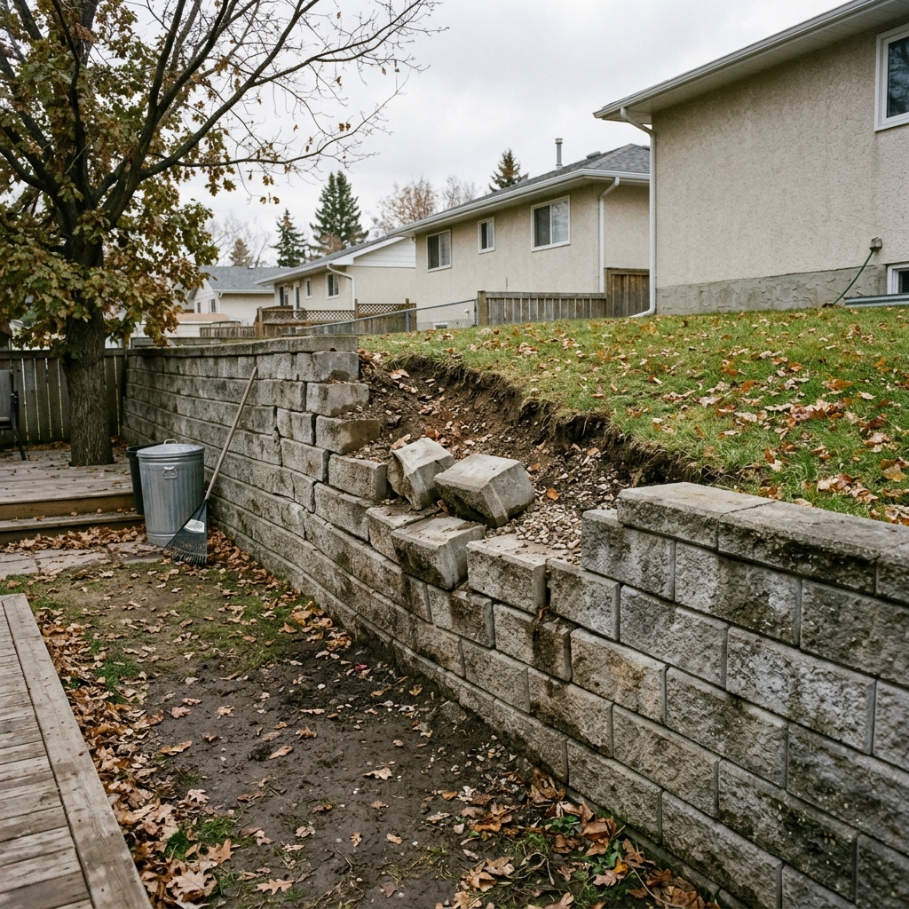Failed retaining wall in Winnipeg showing forward bulge and cracking from inadequate drainage and frost pressure