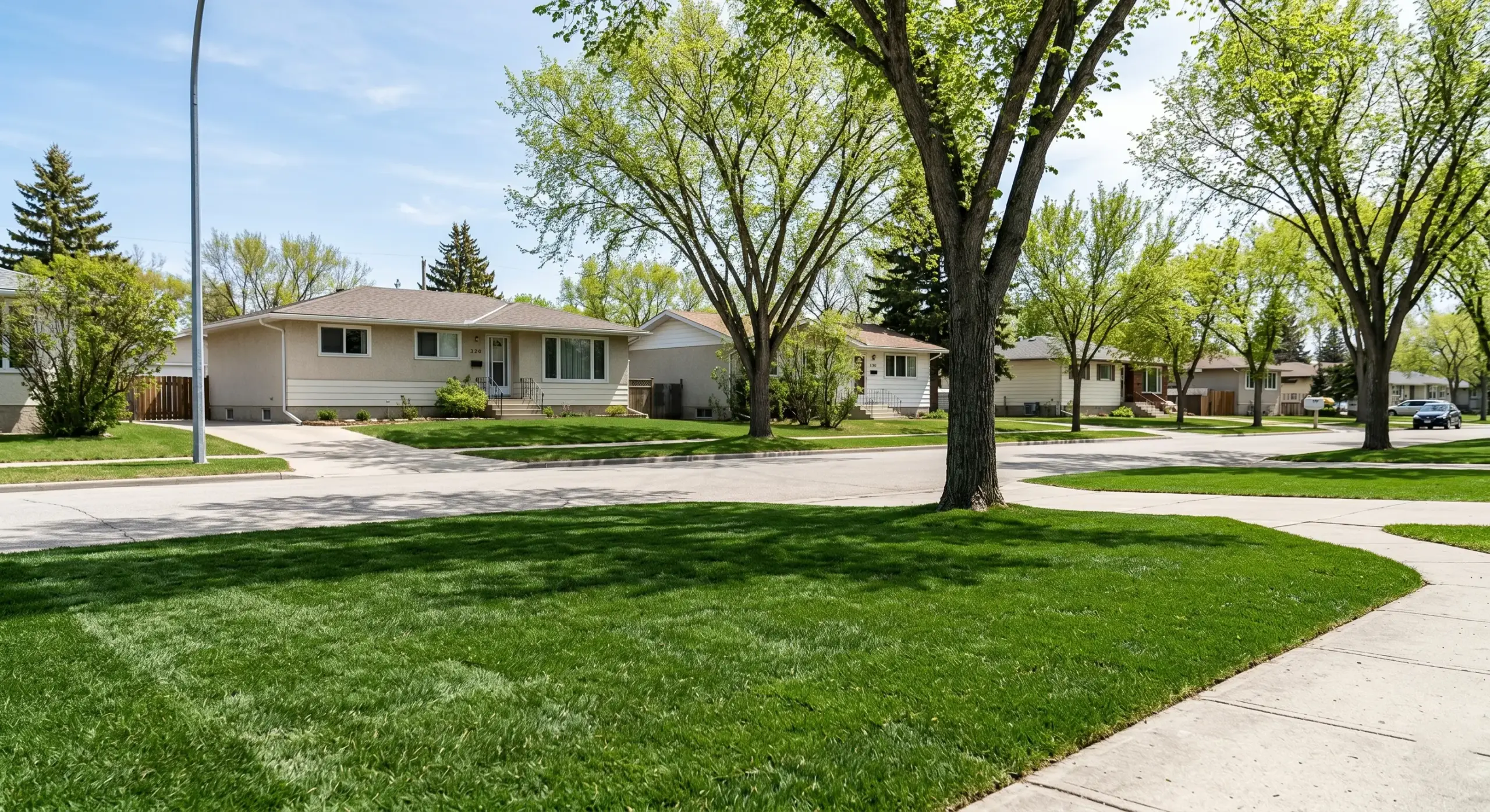 Winnipeg lawn fully recovered in late May showing green lush grass after spring treatment aeration and overseeding