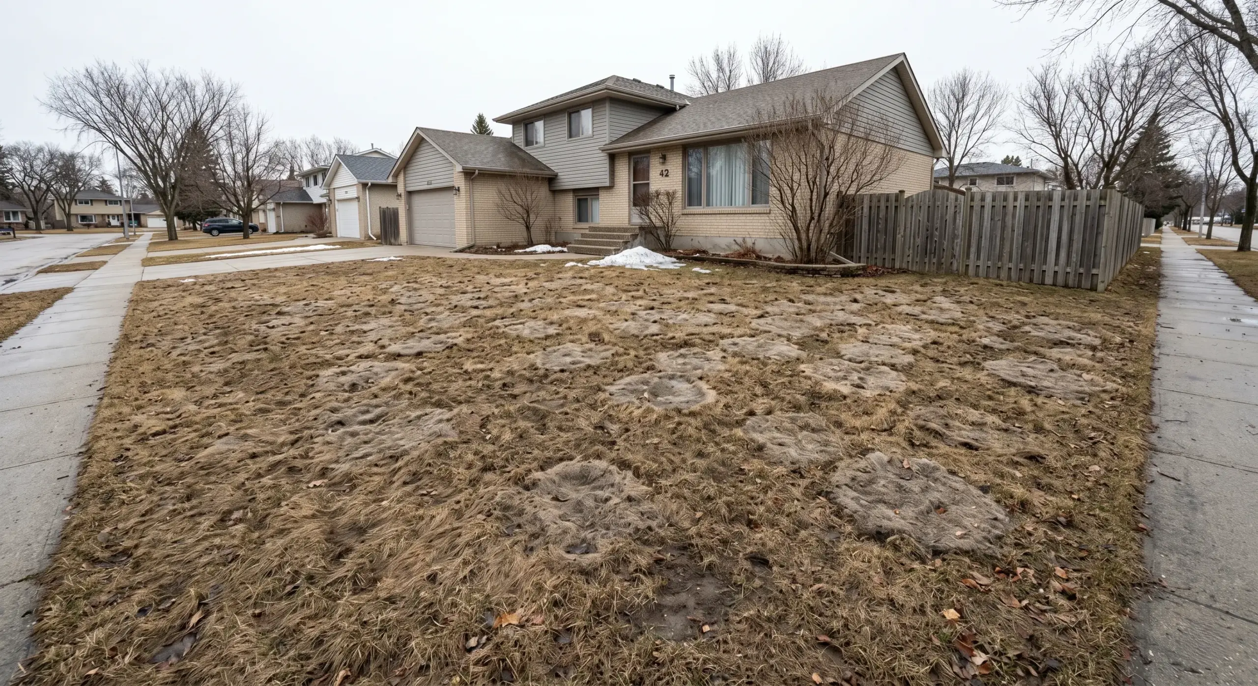 Winnipeg lawn in late April showing snow mould patches and brown matted grass after winter snow melt