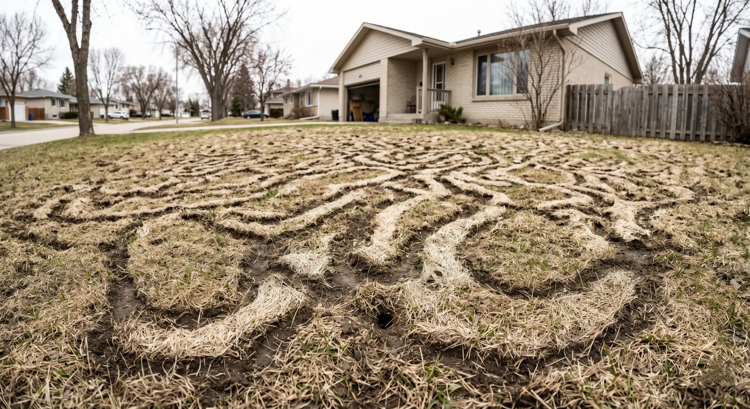 Winnipeg lawn showing vole runway damage pattern with narrow winding bare grass tracks after snow melt