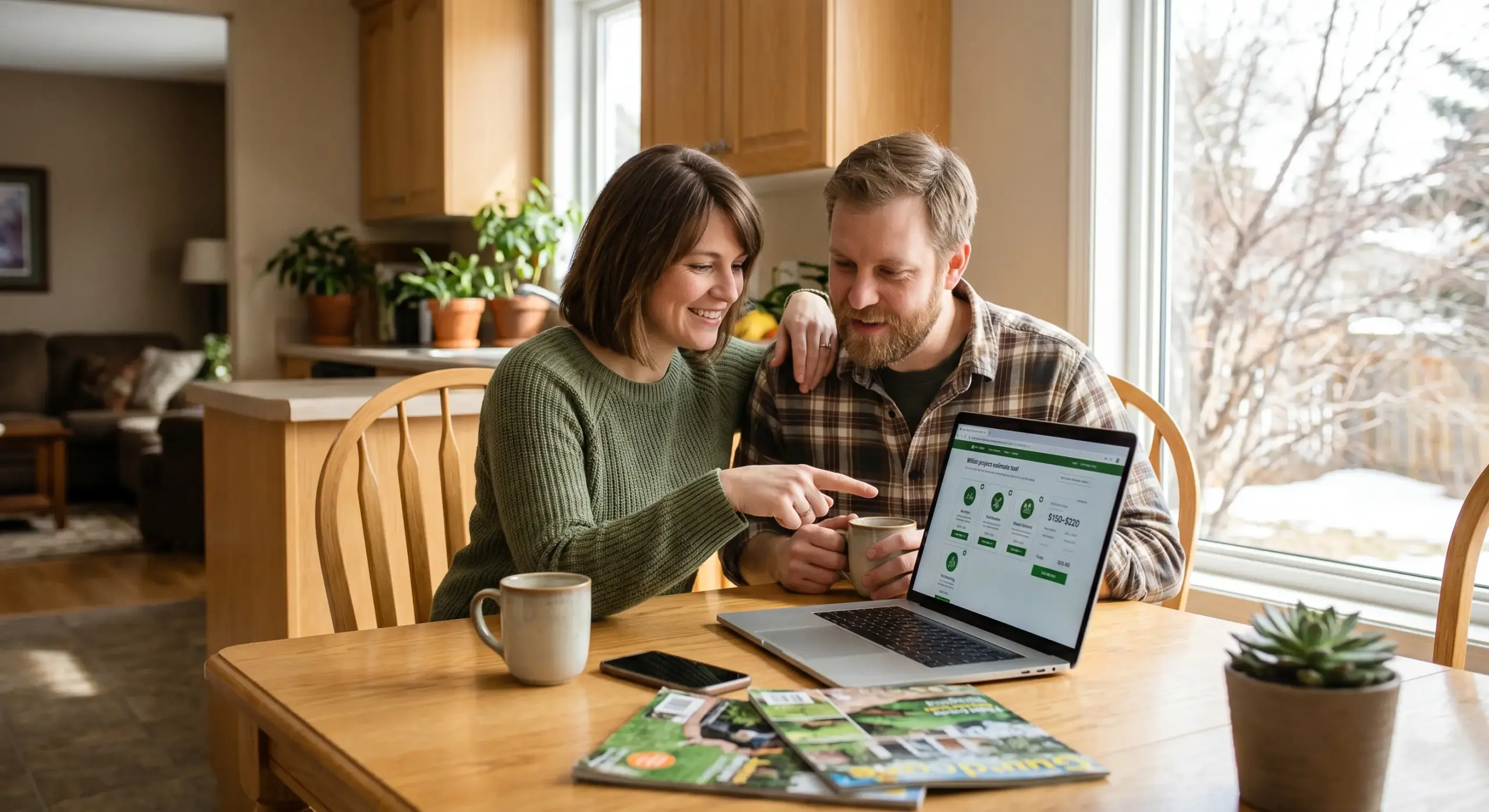 Winnipeg homeowner reviewing Lawn N Order cost calculator on laptop showing complete project estimate before contractor consultation