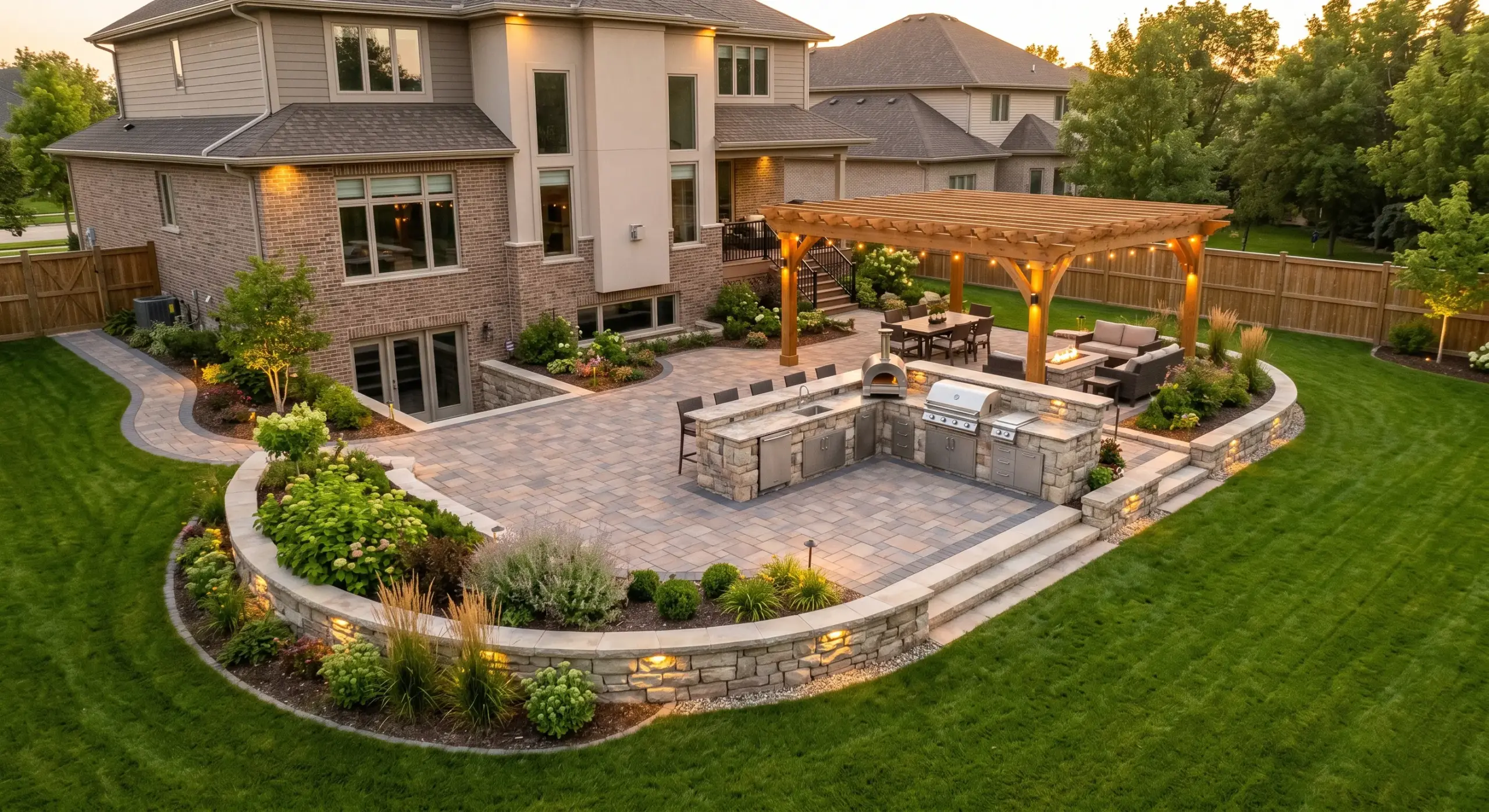 Complete Winnipeg backyard landscaping project showing patio retaining wall pergola and outdoor kitchen representing full project budget