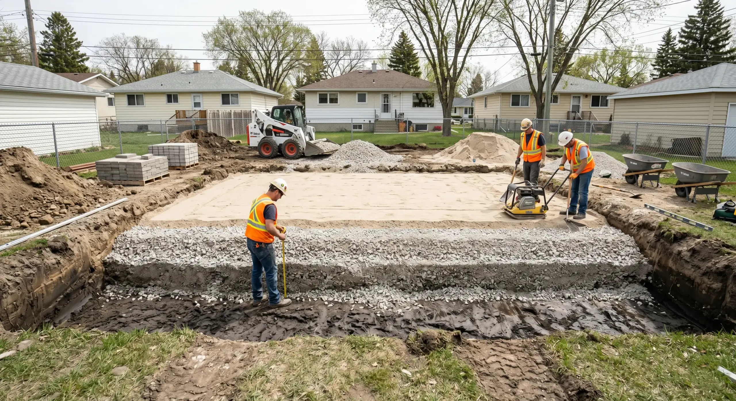 Winnipeg landscaping project showing deep granular base excavation for patio installation accounting for Manitoba frost depth