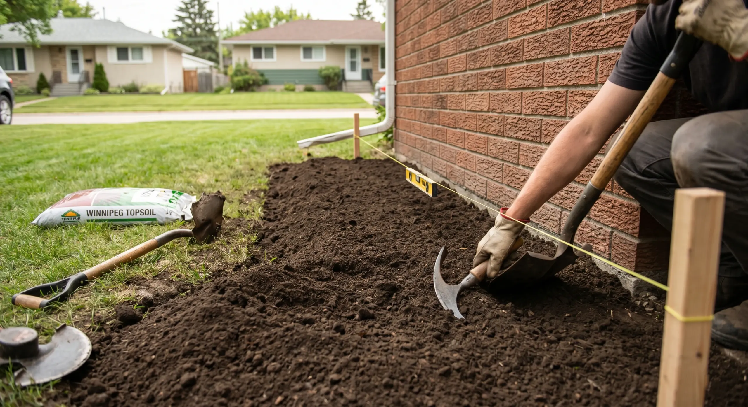 Winnipeg foundation regrading project showing new soil being added to create proper slope away from house foundation