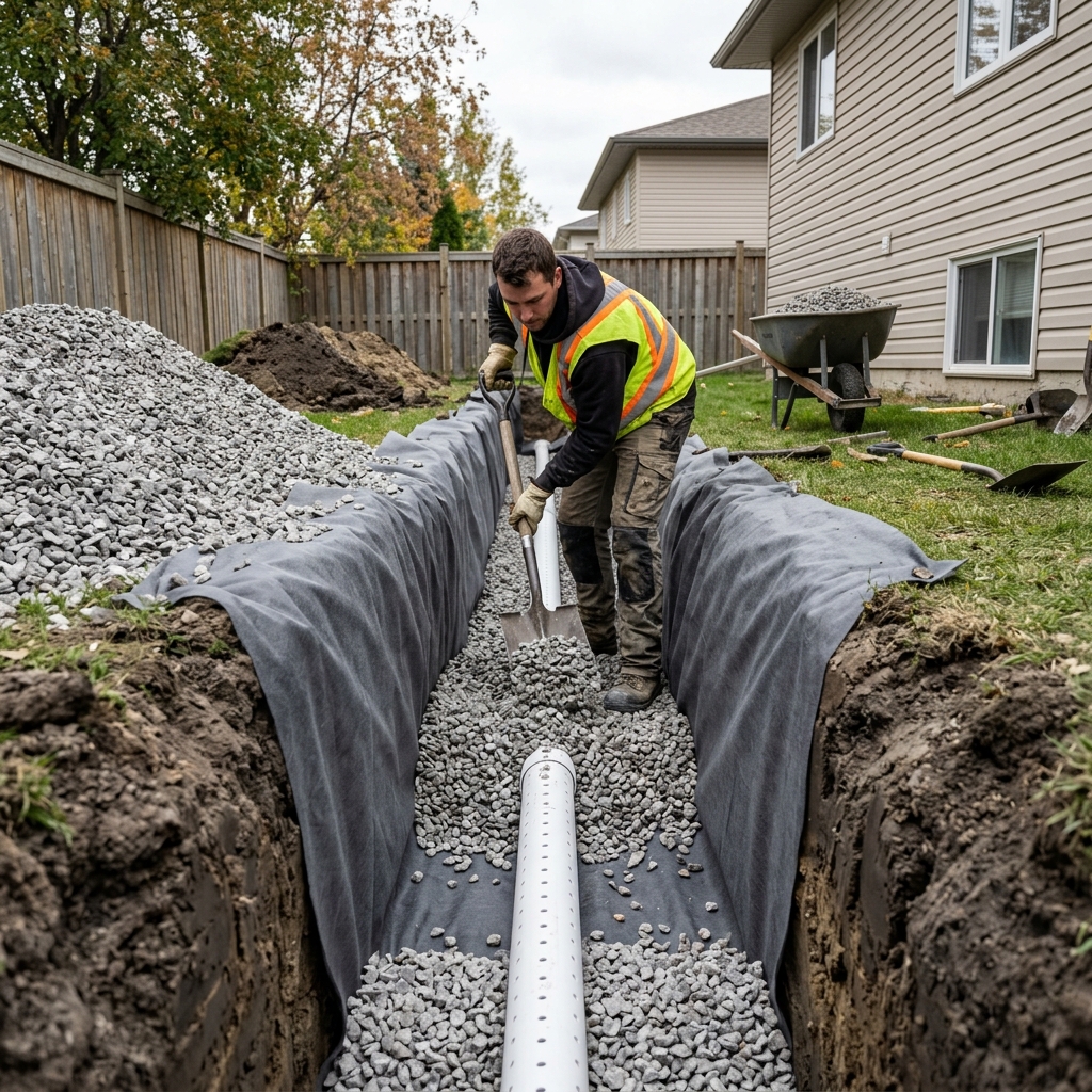 French drain installation in Winnipeg residential backyard showing perforated pipe in gravel-filled trench with geotextile fabric