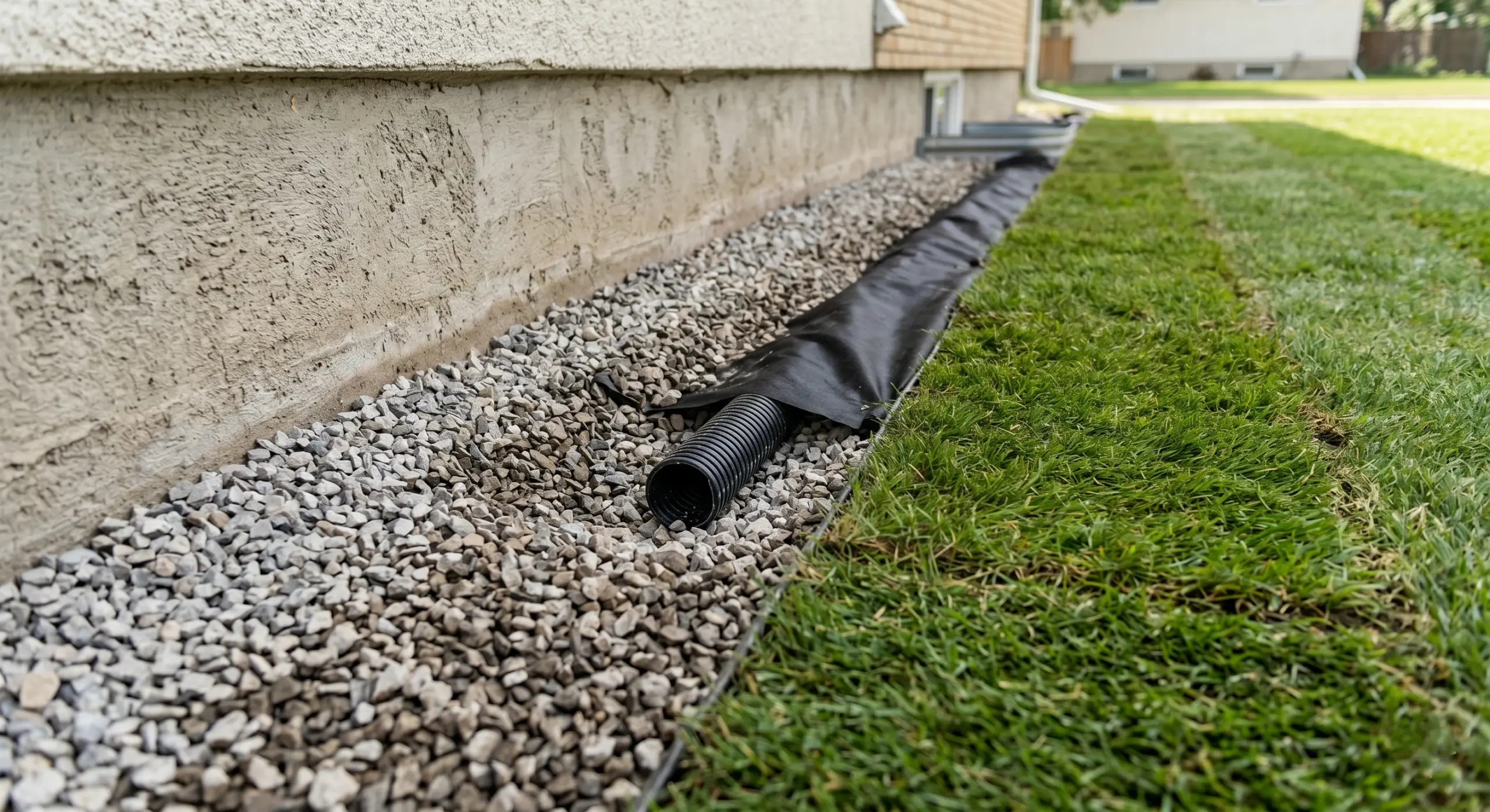 Completed Winnipeg foundation drainage project showing properly graded lawn sloping away from house with new sod installed
