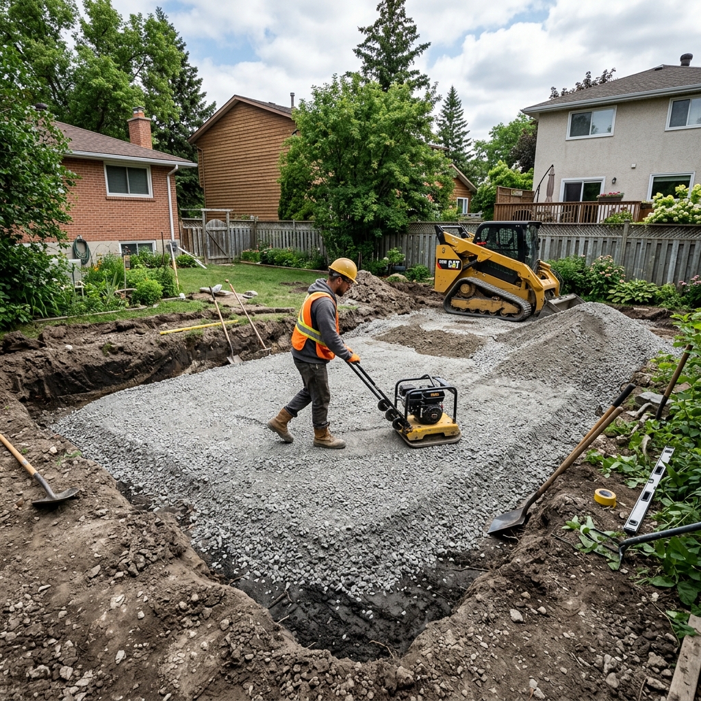 Deep excavation and crushed limestone sub-base installation for backyard sport court in Winnipeg showing proper 18-24 inch depth