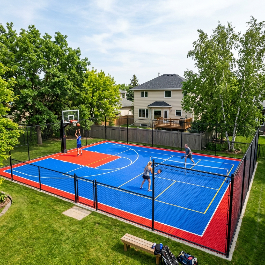 Backyard multi-sport modular tile court with chain link fencing in Winnipeg residential yard showing proper installation