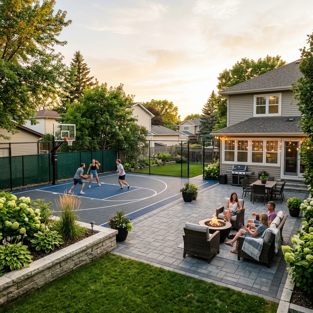 Backyard sport court integrated with patio and outdoor seating in Winnipeg backyard showing full outdoor living design