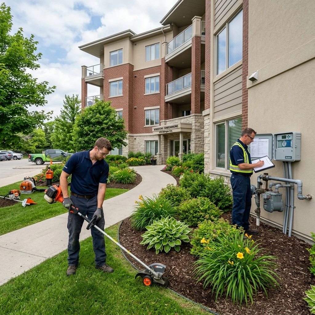 Lawn N Order crew performing condo property maintenance in Winnipeg showing irrigation startup and bed maintenance work