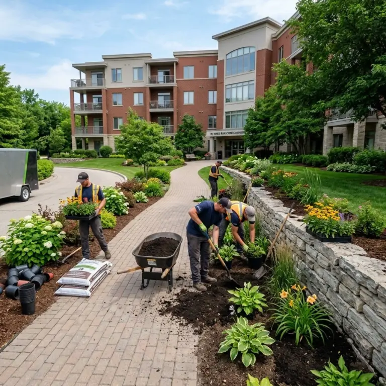 Condo board landscaping Winnipeg maintained common area with perennial beds paver walkways and lawn under grounds management contract