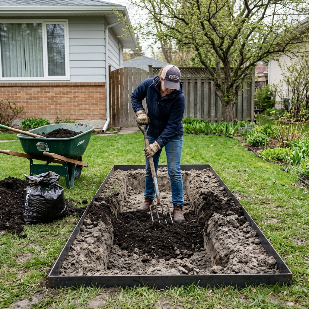 Winnipeg flower bed soil preparation showing clay removal and compost amendment being mixed before planting perennials
