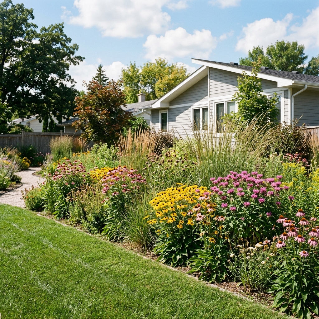Low-maintenance Winnipeg flower bed with native Manitoba prairie plants including coneflower black-eyed Susan and ornamental grasses