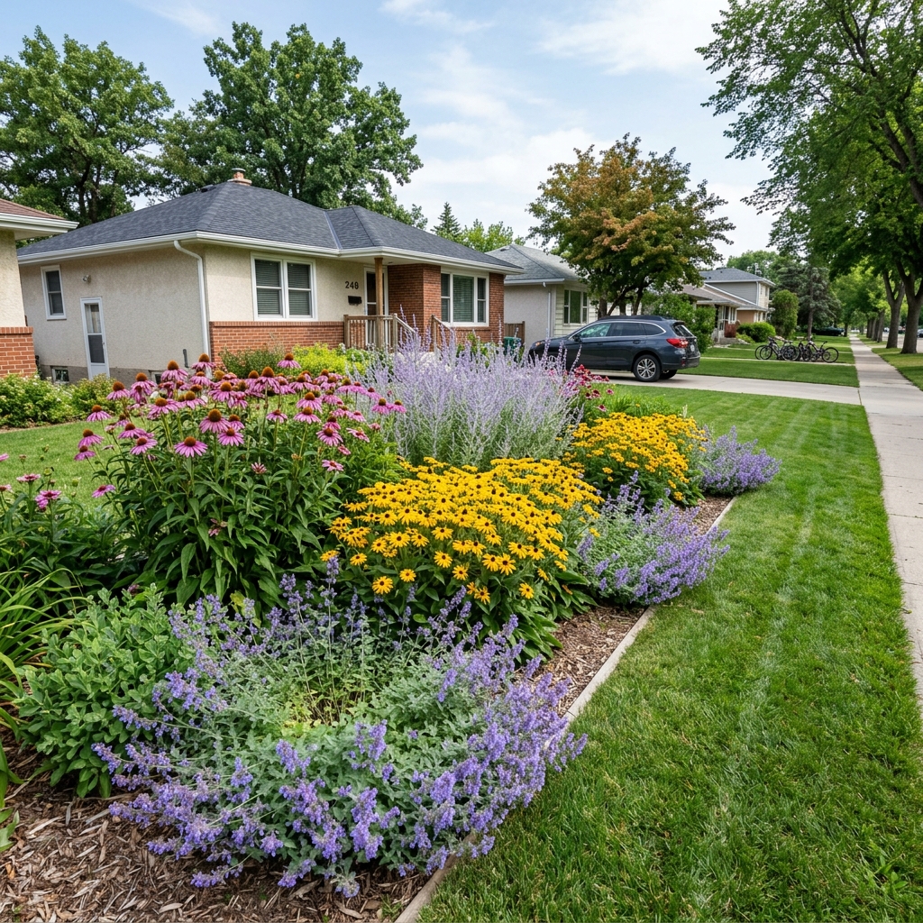 Winnipeg flower bed in full summer bloom with purple coneflower black-eyed Susan catmint and Russian sage Zone 3 perennials