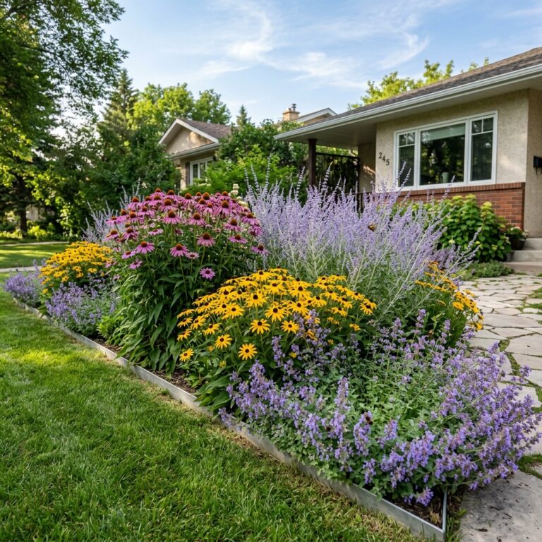 Flower beds Winnipeg Zone 3 perennials including coneflower Russian sage and catmint in full summer bloom