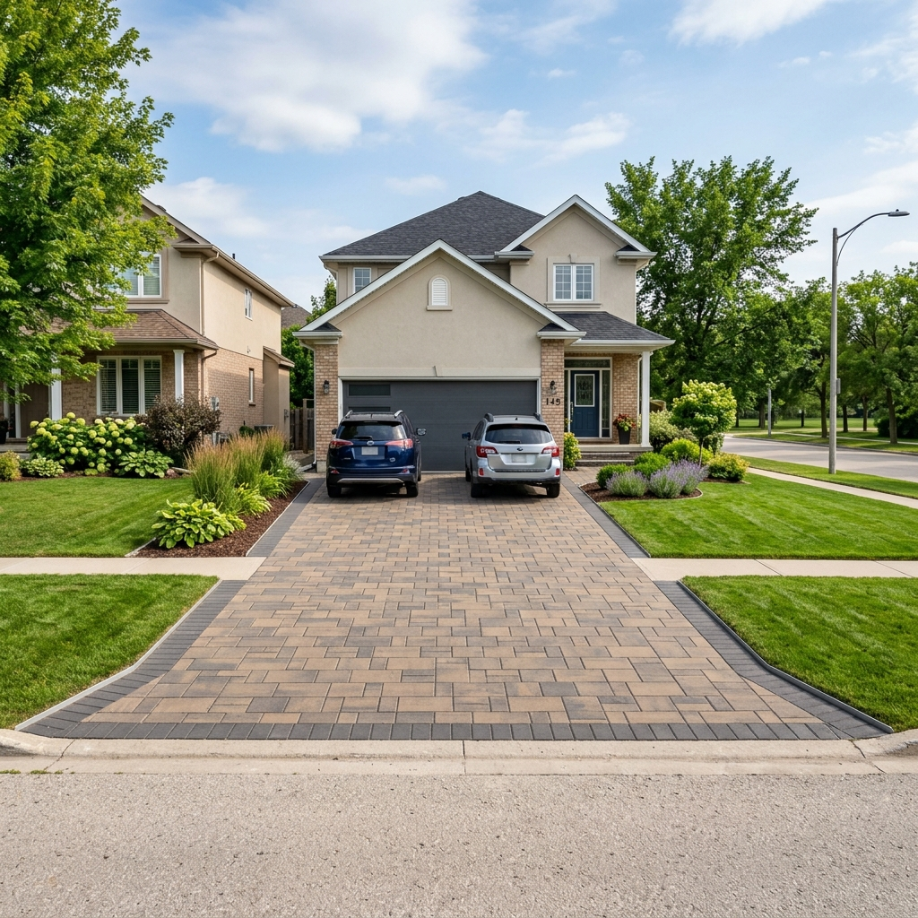 Completed interlocking stone paver driveway in Winnipeg residential yard showing clean aesthetic and proper edging