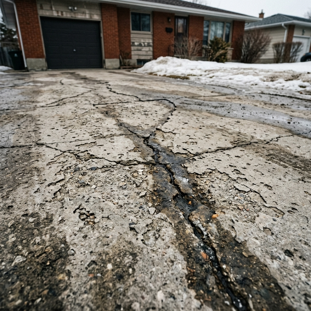 Cracked and spalling poured concrete Winnipeg driveway showing freeze-thaw salt damage after several winters