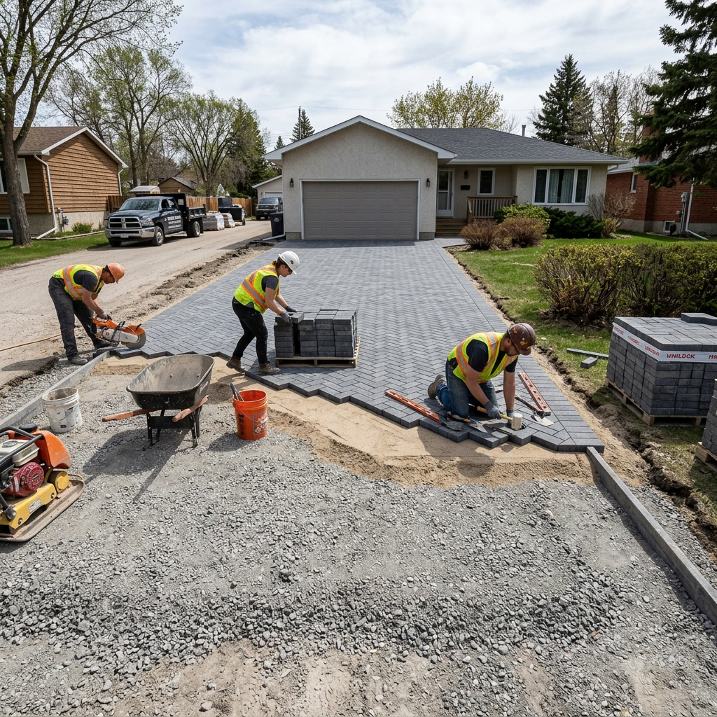Interlocking stone paver driveway installation in Winnipeg showing compacted granular base preparation and paver layout