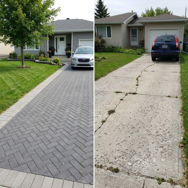 Interlocking stone vs concrete Winnipeg driveway comparison showing paver durability versus concrete cracking