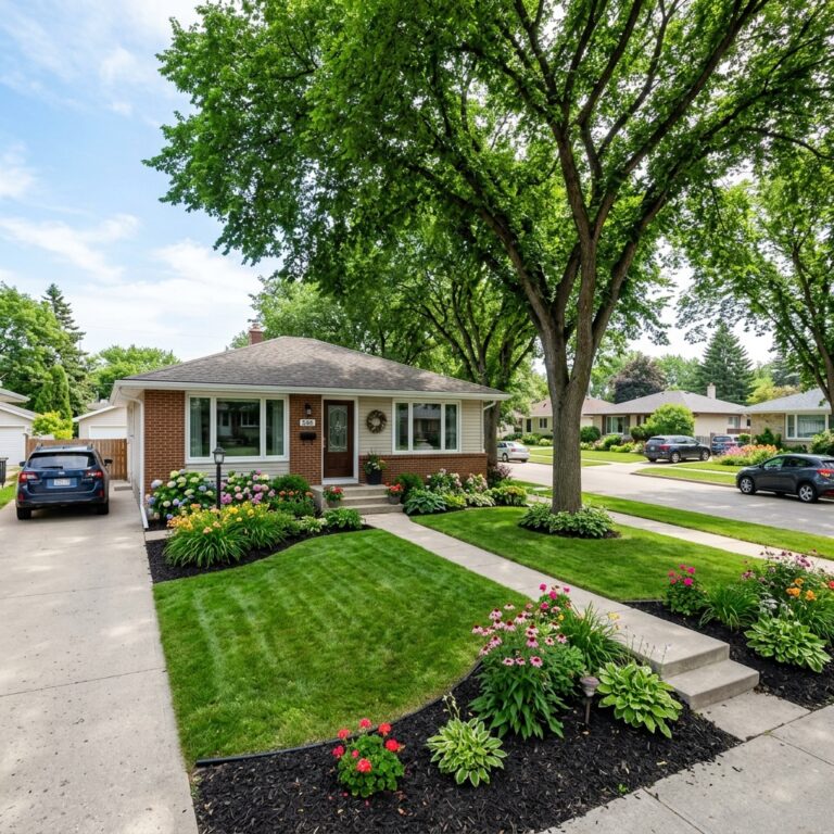Neglected Winnipeg front yard below neighbourhood standard with dead tree eroded beds and drainage problem reducing resale value