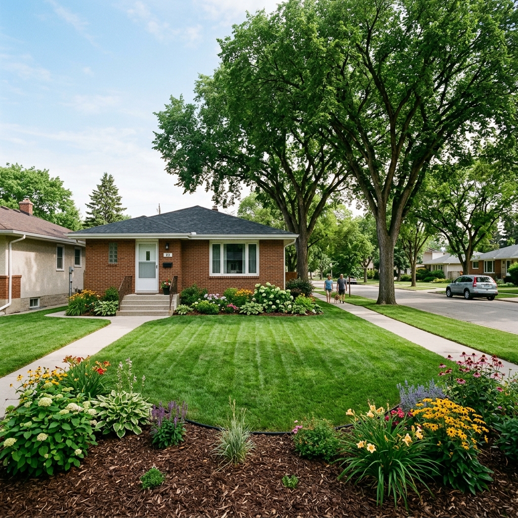 Winnipeg home with well-maintained front yard landscaping showing defined beds healthy lawn and mature trees enhancing curb appeal before sale