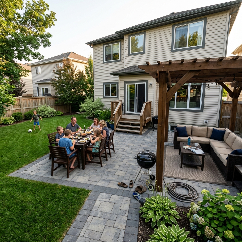 Winnipeg backyard with interlocking paver patio and outdoor seating area showing functional outdoor living space that adds measurable value at resale