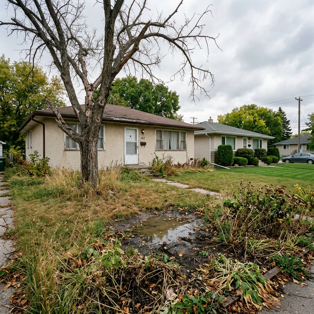 Winnipeg front yard showing neglected landscaping with dead tree overgrown beds and drainage problem illustrating below-standard property condition