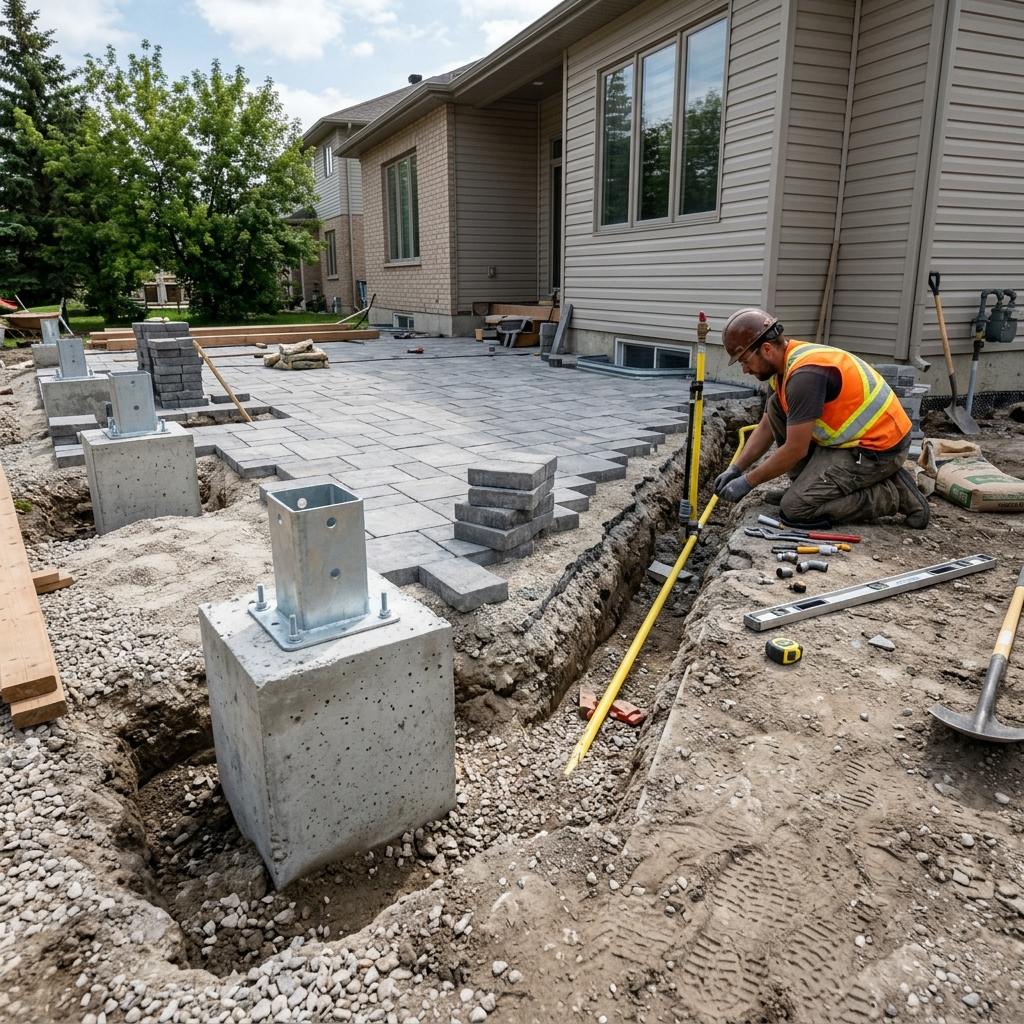 Gas fire pit and louvered pergola under construction in Winnipeg showing gas line rough-in and column footings coordinated in one build
