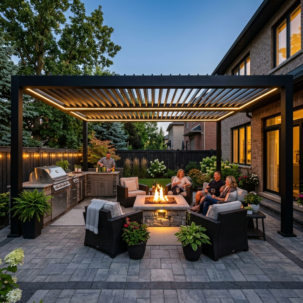 Completed louvered pergola outdoor kitchen and gas fire pit Winnipeg backyard showing integrated outdoor room design