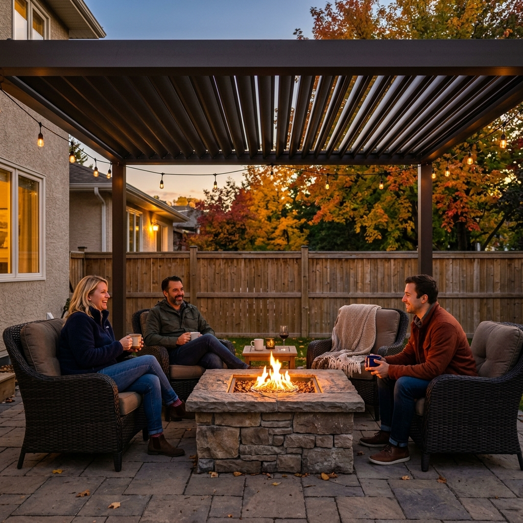 Louvered aluminum pergola with gas fire pit on Winnipeg patio in late September with homeowners seated around fire at dusk