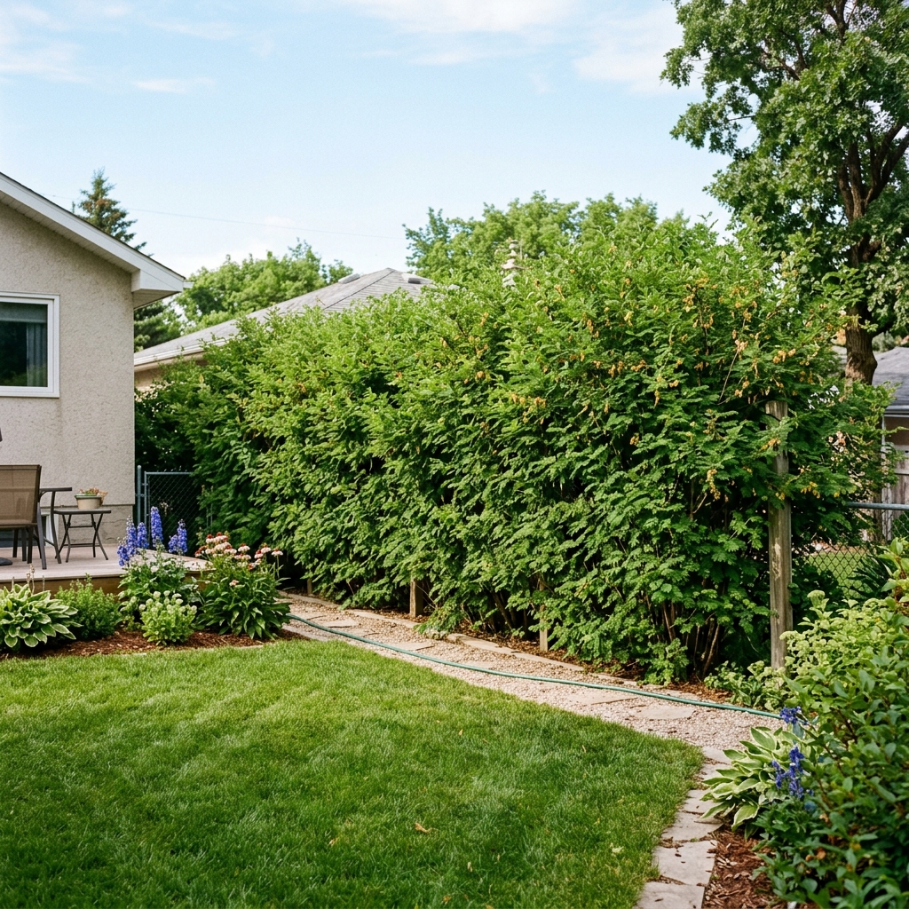 Caragana hedge screening neighbours in Winnipeg yard showing dense summer foliage and yellow spring blooms