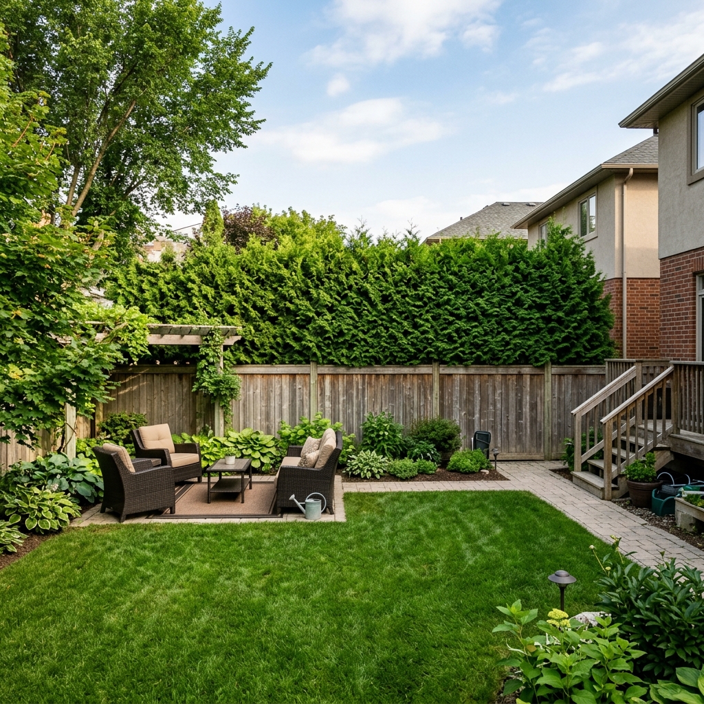 Mature cedar hedge and wood fence combination in Winnipeg backyard providing full layered privacy screening
