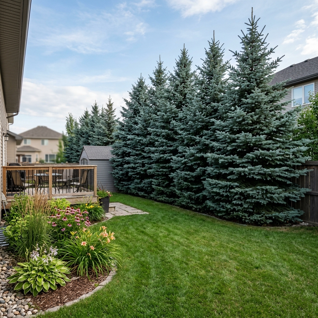 Colorado spruce trees planted as privacy screen in Winnipeg backyard showing dense evergreen canopy providing year-round coverage