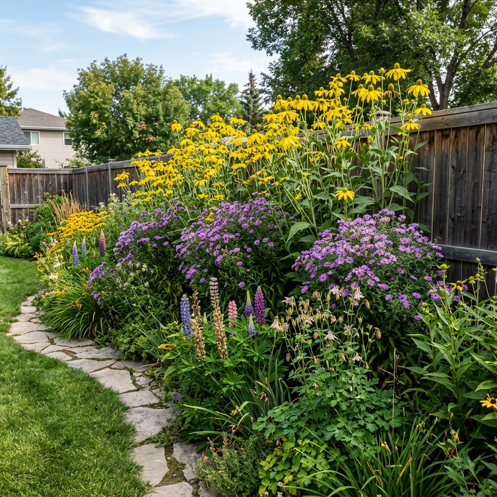 Naturalized back yard perennial bed Winnipeg with tall coneflower aster lupins and wild columbine growing as prairie planting