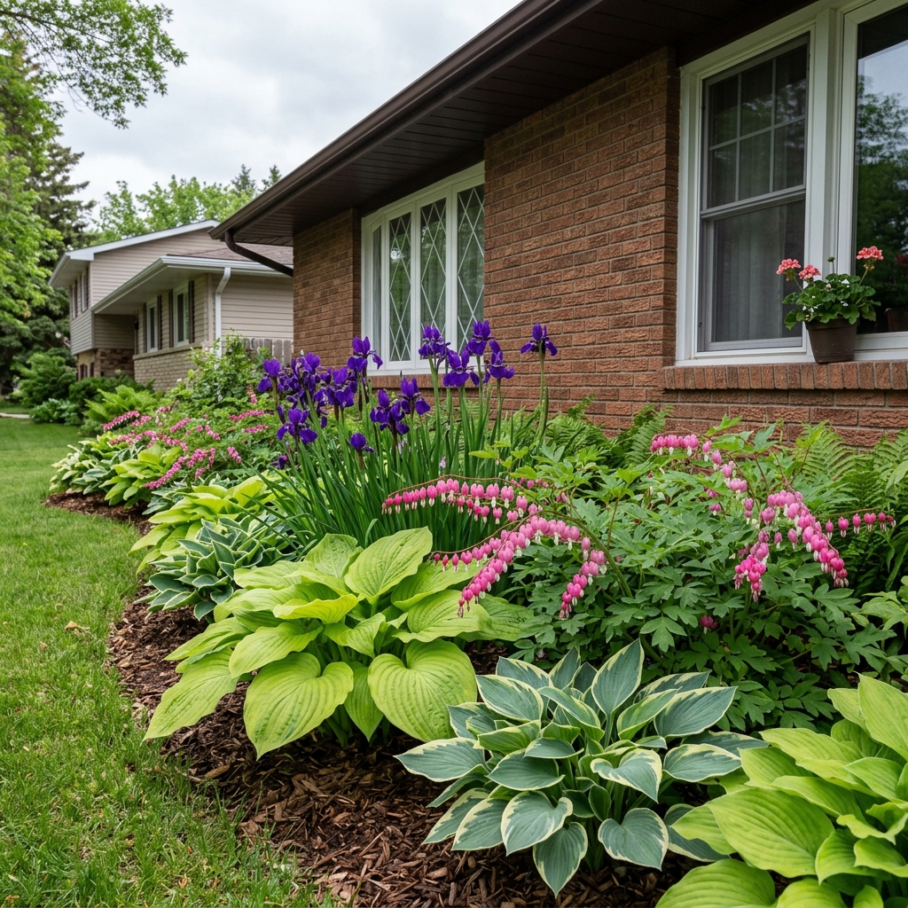Shaded foundation perennial bed Winnipeg with hostas bleeding heart and Siberian iris on north facing side of house