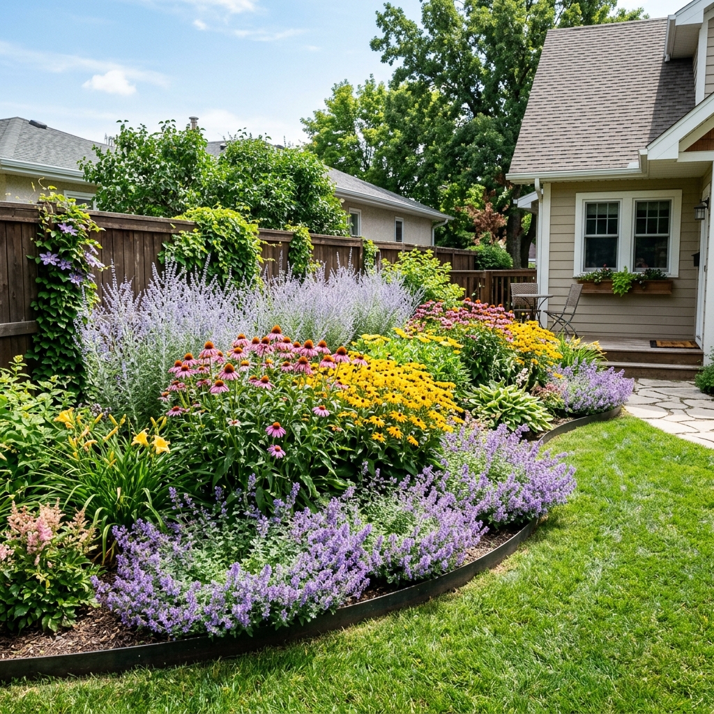 Winnipeg perennial garden in full summer bloom showing coneflower Russian sage and black-eyed Susan in sunny border with bloom succession
