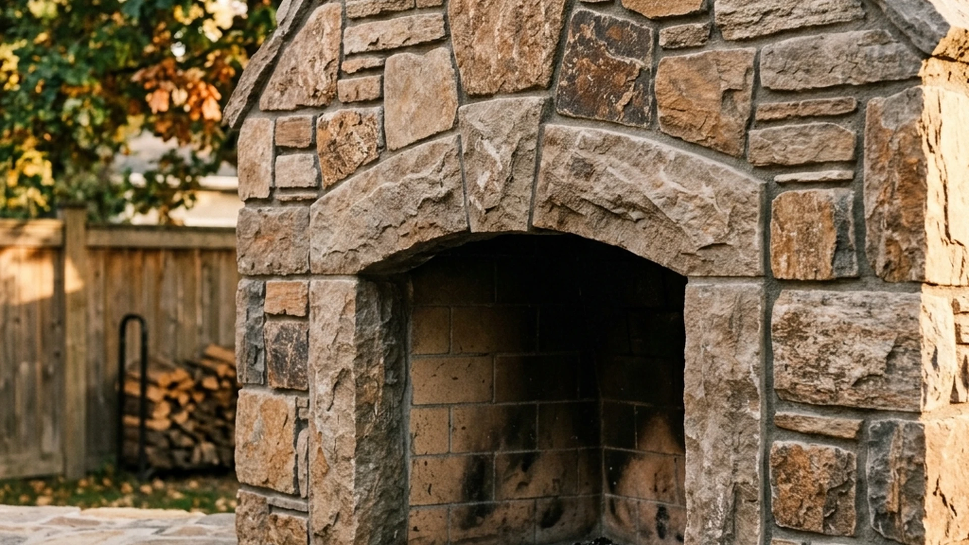 Close-up of natural stone masonry work on custom outdoor fireplace in Winnipeg showing stone selection and craftsmanship