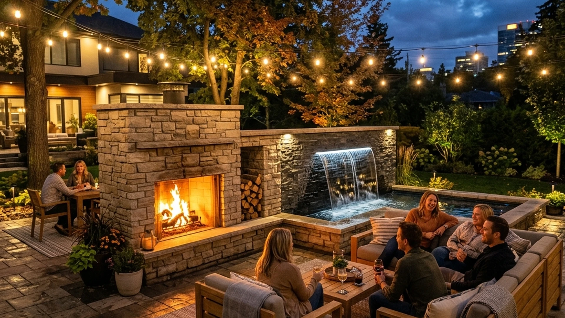 Custom outdoor fireplace and water feature in Winnipeg backyard showing fire and water contrast at evening with outdoor living space