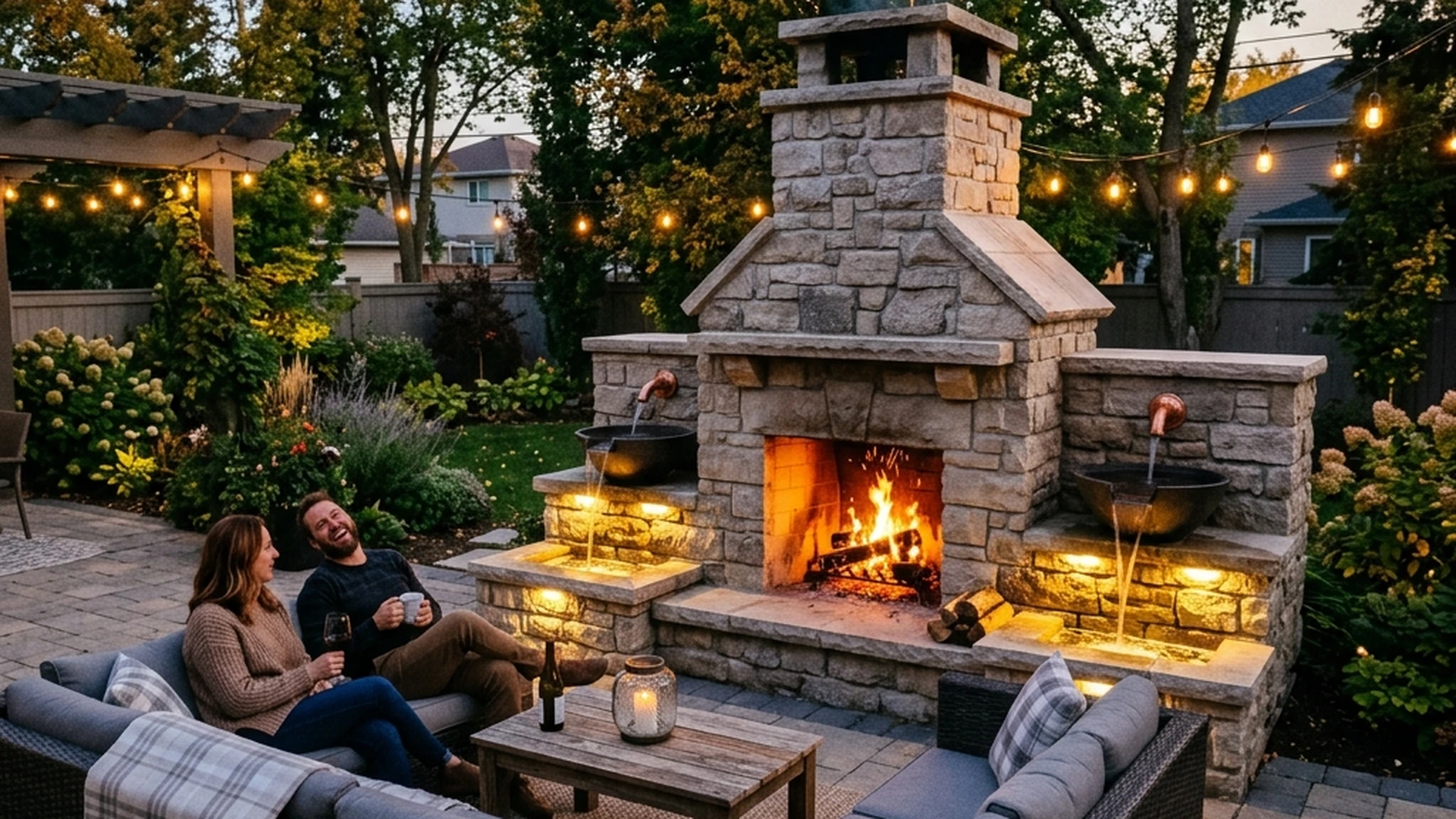 Custom outdoor stone fireplace in Winnipeg backyard with flanking water bowl features integrated patio and landscape design